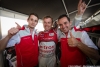 Pi and overall pole winner Marcel FÃ¤ssler celebrates with Oliver Jarvis and Benoit TrÃ©luyer