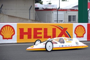 Nick Heidfeld drives a Shell Eco-marathon vehicle on the track at Le Mans 24 Hour